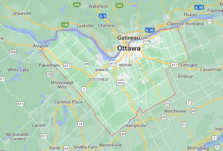 PV Plumbing Service Area Map of Rural Ottawa